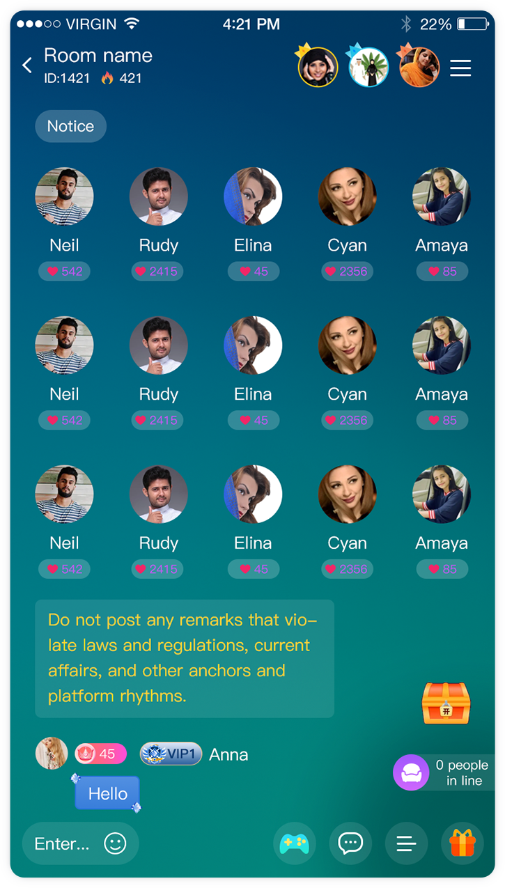 Voice chat user profile and room management preview